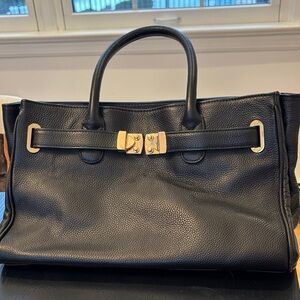 Onna Ehrlich Black Leather Top-Handle Satchel with Gold Hardware